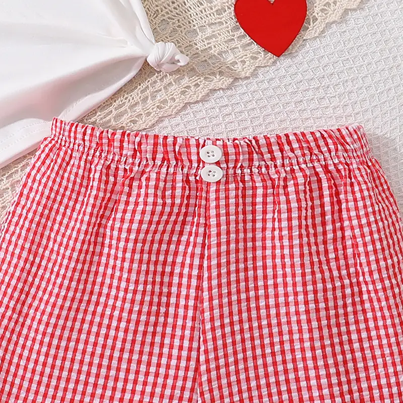 Girls Clothing Sets White Heart Pattern T-shirt & Gingham Shorts 2 PCS Children Daily Casual Sets Children Cozy Summer Clothes