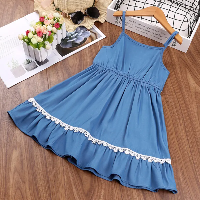 Girl Dress Summer New Blue Lace Halter Dress Cute Vacation Daily Casual Fashion For 2-6Ys Kids Preppy Pastoral  Style Outifit