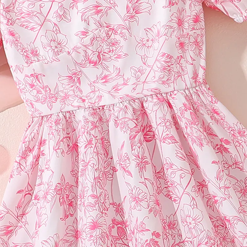 Pink Flowers Printed Square Collar Short Puff Sleeve Shirred-bodice Chiffon Dress Sweet Style Girls Dress Date Party Cloth