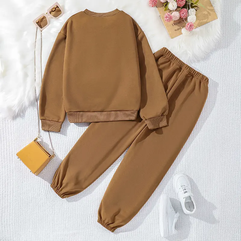 Children Fashion Causal Clothes Sets For Girls Brown Dandelion Print Long Sleeve Top And Pants Loose Comfortable Daily Costume