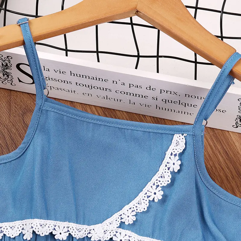 Girl Dress Summer New Blue Lace Halter Dress Cute Vacation Daily Casual Fashion For 2-6Ys Kids Preppy Pastoral  Style Outifit
