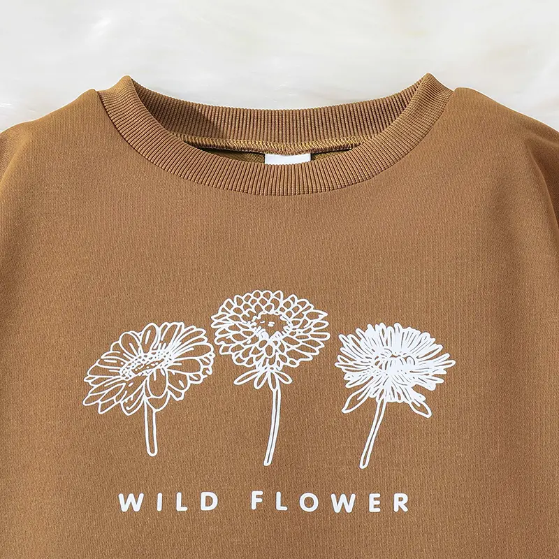 Children Fashion Causal Clothes Sets For Girls Brown Dandelion Print Long Sleeve Top And Pants Loose Comfortable Daily Costume