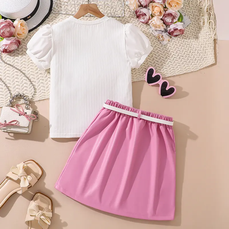 Kids Clothing Sets White Puff-sleeve Knitted T-shirt & Belted Pink Skirt 2 PCS Elegnat Girls Outfit Summer Daily Suits OOTD