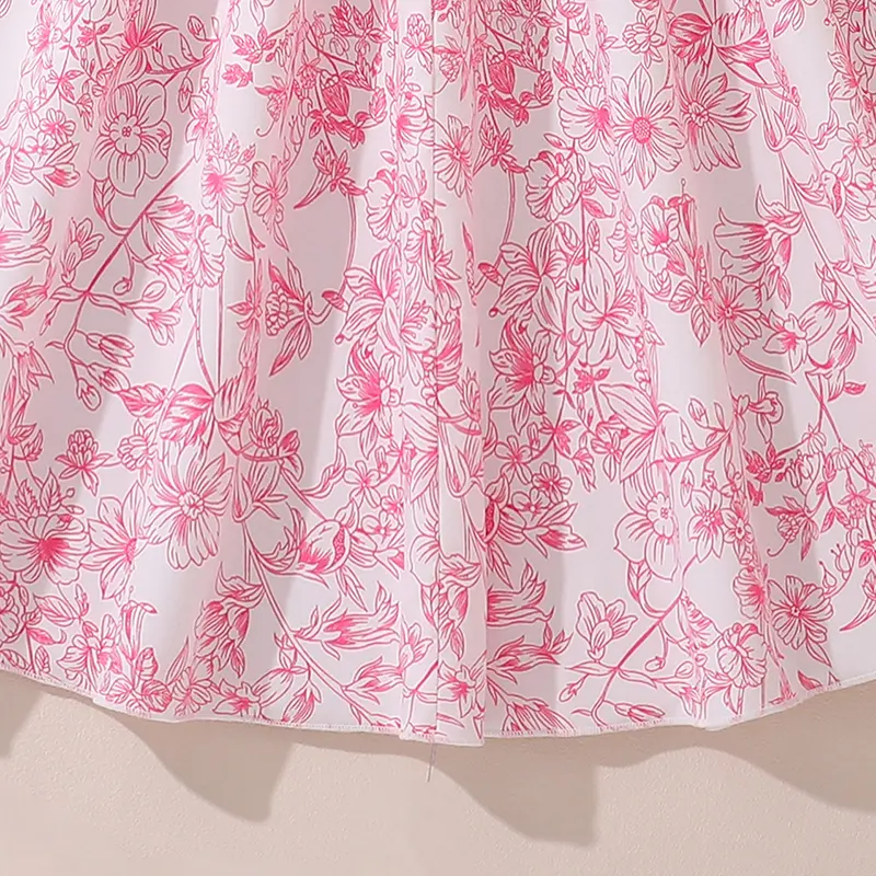 Pink Flowers Printed Square Collar Short Puff Sleeve Shirred-bodice Chiffon Dress Sweet Style Girls Dress Date Party Cloth