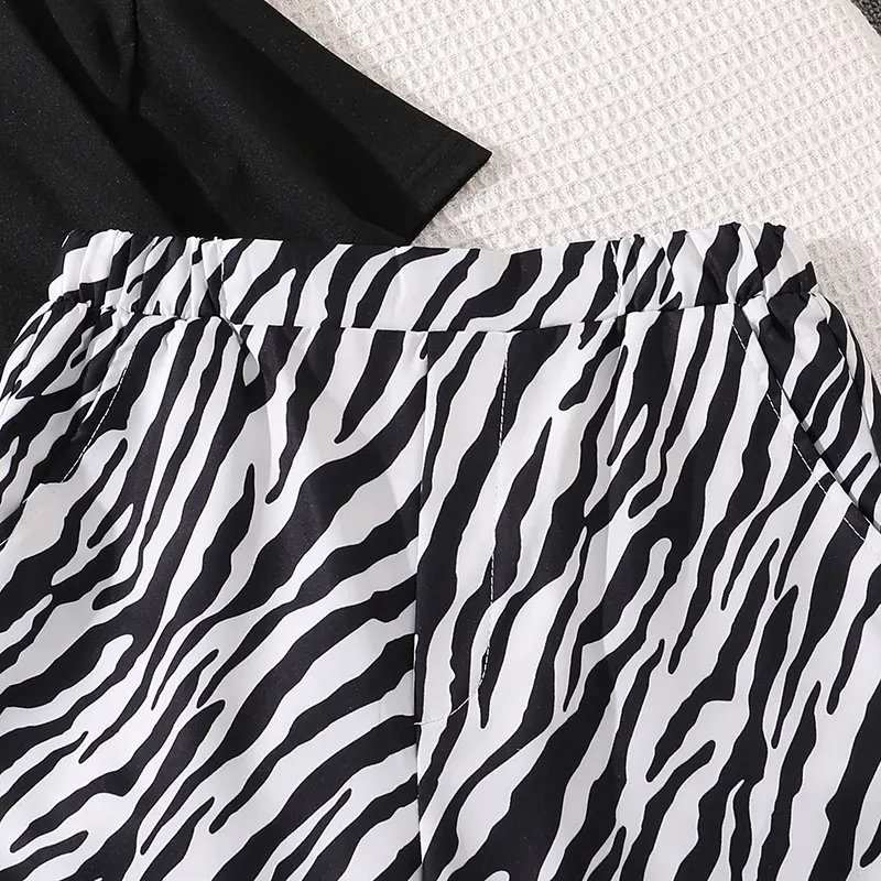 Girls Clothing Outfit Black Cartoon Printed T-shirt & Striped Shorts Two Pieces Sets Summer Clothes Children Costume OOTD