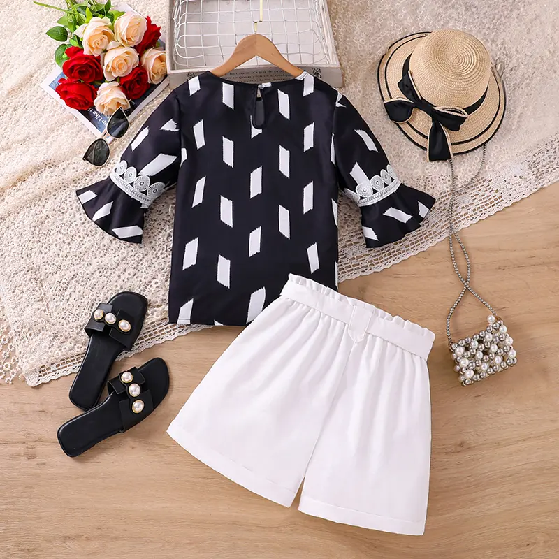 Kids Clothing Sets For Girls Black Print Lace Cuff Flared Sleeve And White Shorts Vacation Party For Kids Girls Casual Clothes