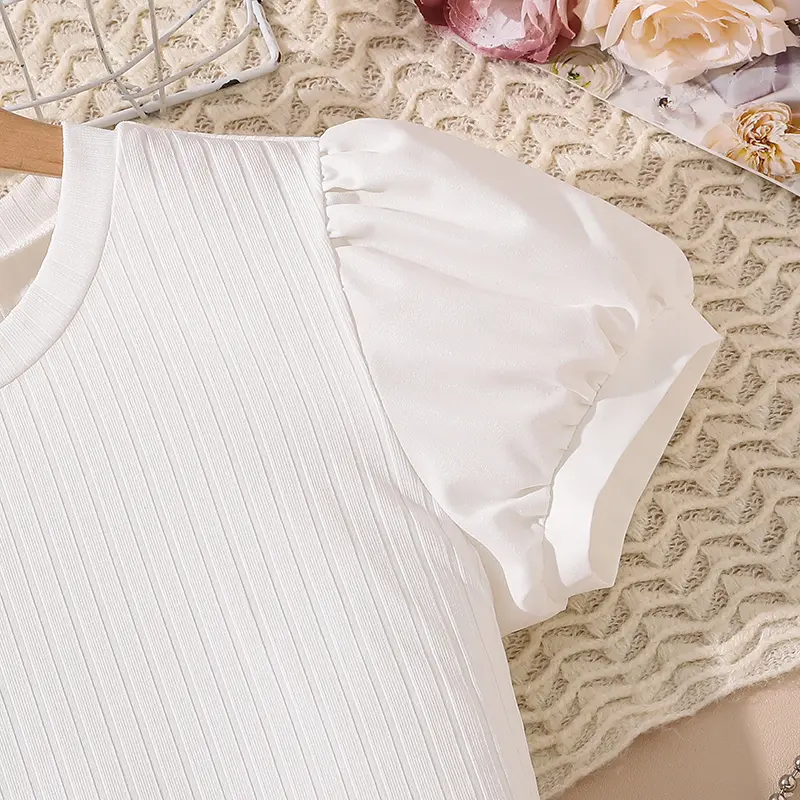 Kids Clothing Sets White Puff-sleeve Knitted T-shirt & Belted Pink Skirt 2 PCS Elegnat Girls Outfit Summer Daily Suits OOTD
