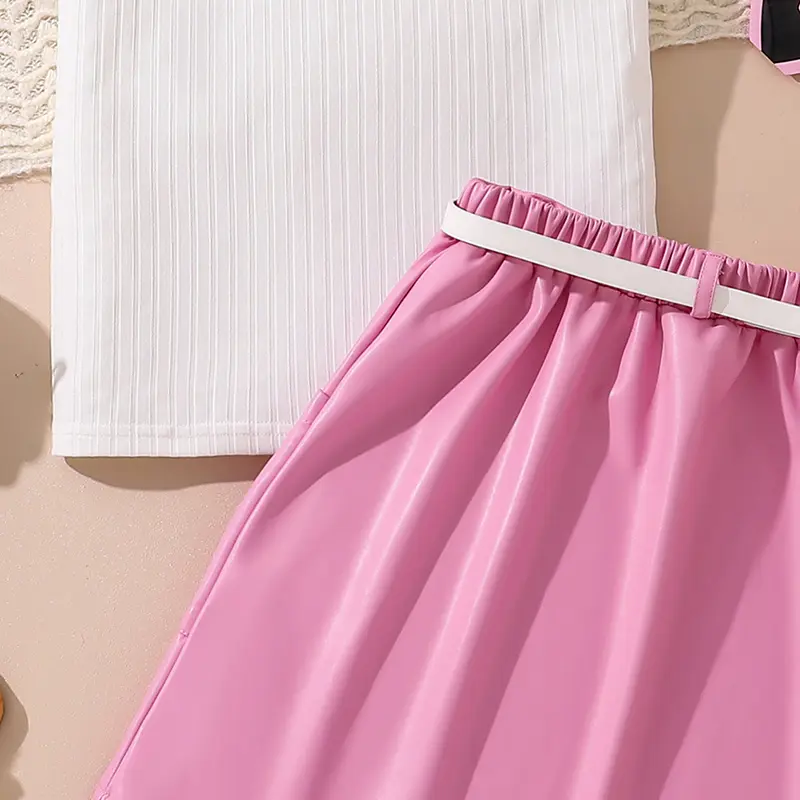 Kids Clothing Sets White Puff-sleeve Knitted T-shirt & Belted Pink Skirt 2 PCS Elegnat Girls Outfit Summer Daily Suits OOTD
