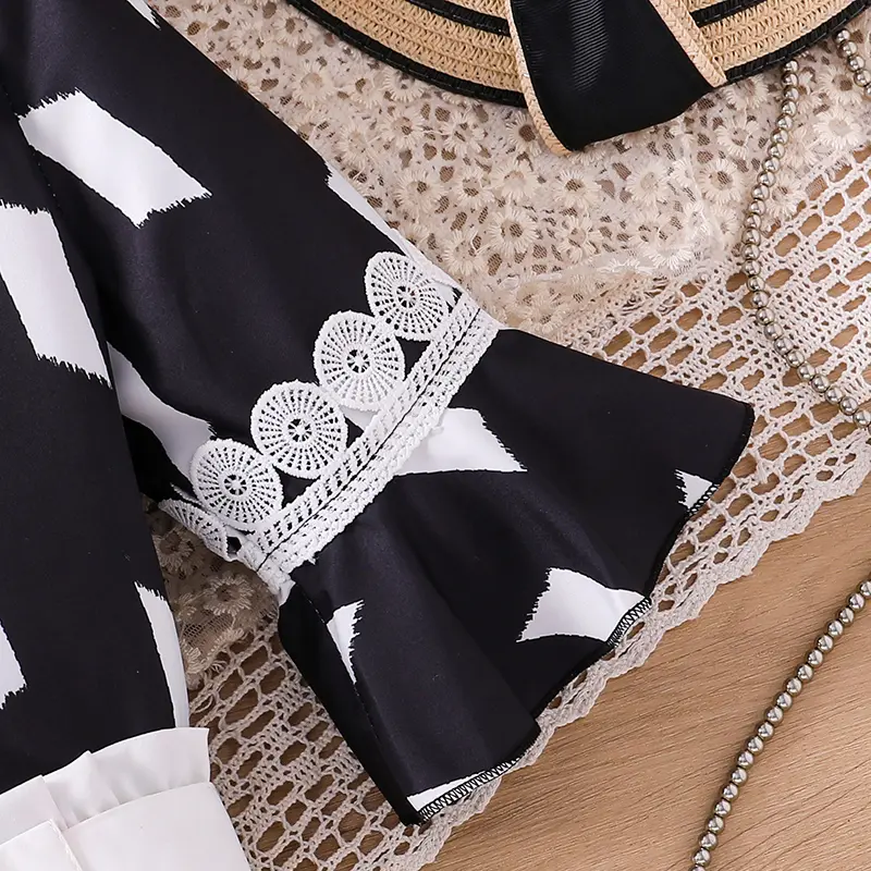 Kids Clothing Sets For Girls Black Print Lace Cuff Flared Sleeve And White Shorts Vacation Party For Kids Girls Casual Clothes