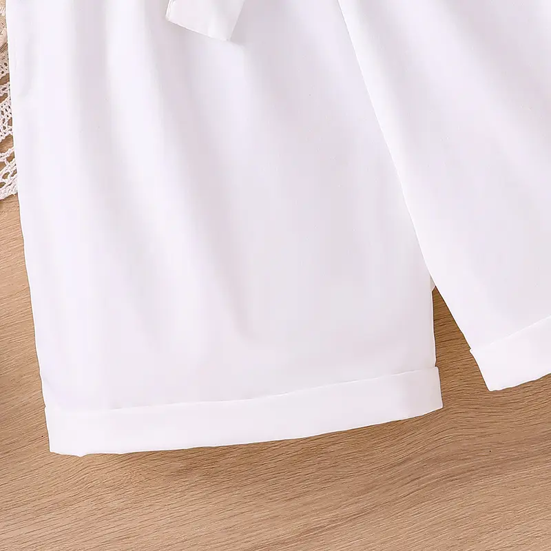 Kids Clothing Sets For Girls Black Print Lace Cuff Flared Sleeve And White Shorts Vacation Party For Kids Girls Casual Clothes