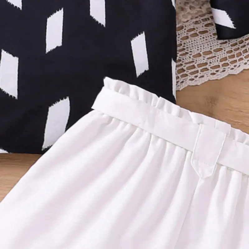Kids Clothing Sets For Girls Black Print Lace Cuff Flared Sleeve And White Shorts Vacation Party For Kids Girls Casual Clothes