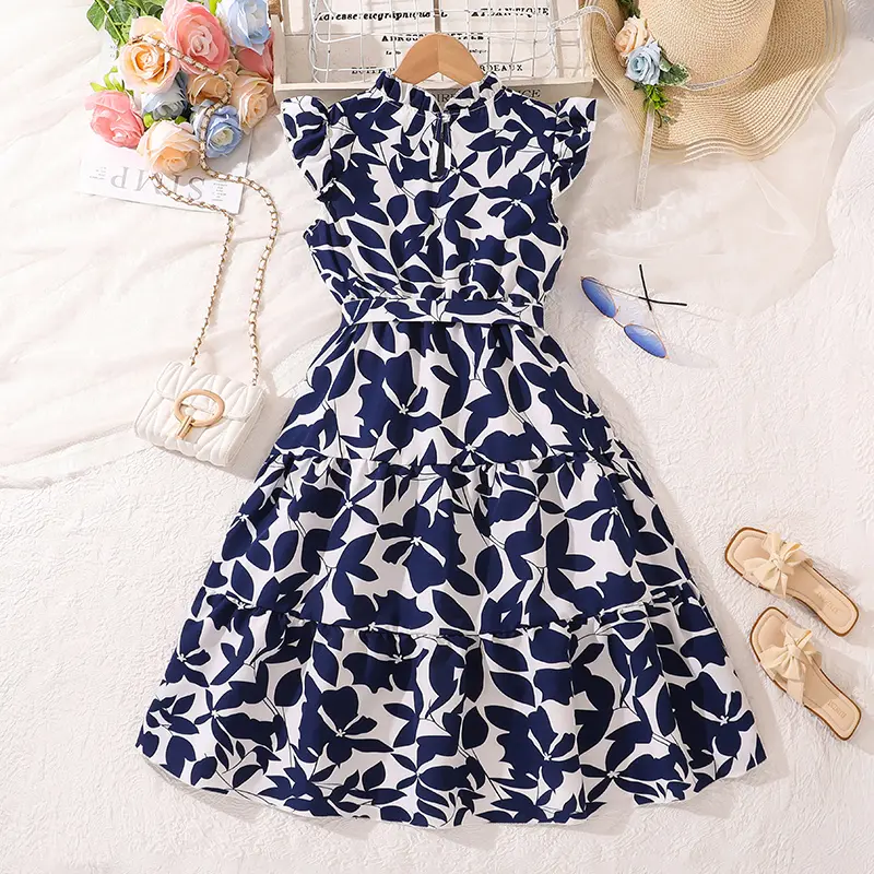 Girls Dress Navy Blue Printed Sleeveless Belted Vintage Style Dress Modest  Elegant Style Children Gown Church Vacation Casual