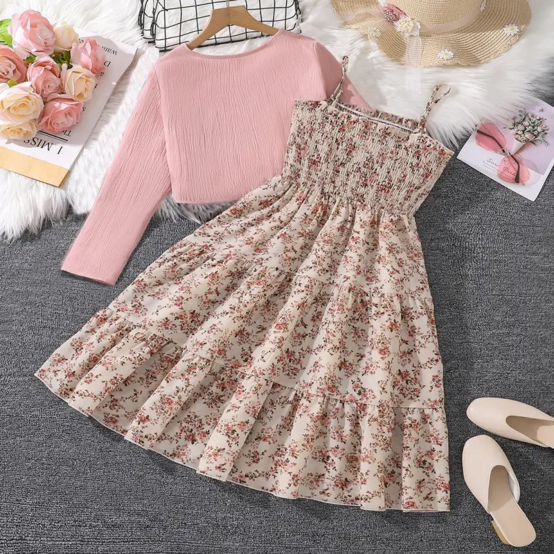 Summer 2PCS Clothes Princess Set Solid Pink Long Sleeve Coat & Sling Print A-Line Dress For Girls 4-7 Years Daily Sweet Style