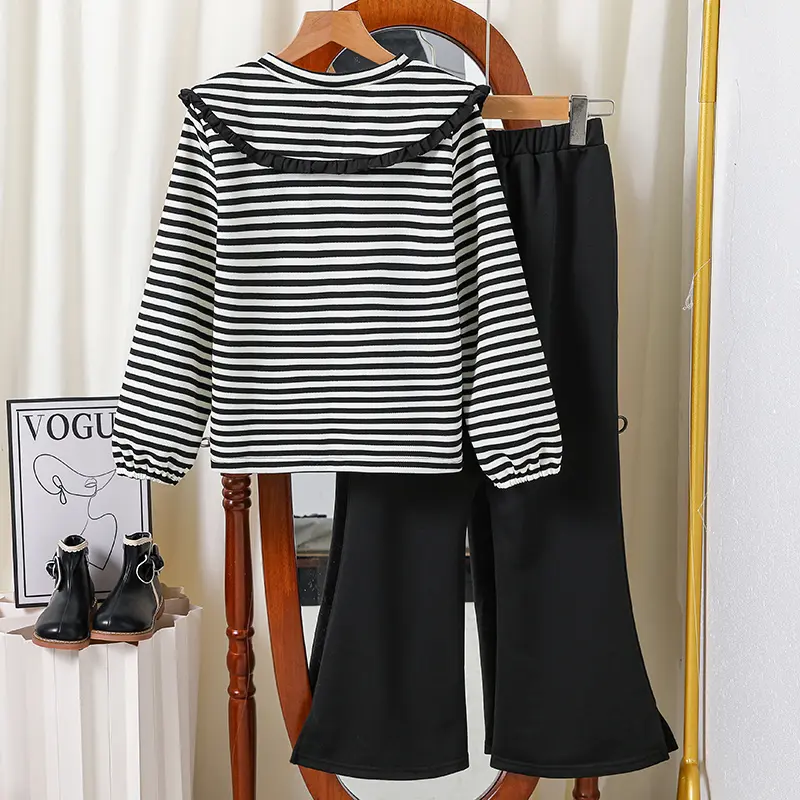 Korean Fashion Spring Autumn Clothes Sets For Kids Girls Black White Striped Ruffled Collar Long-sleeved Top With Black Trousers