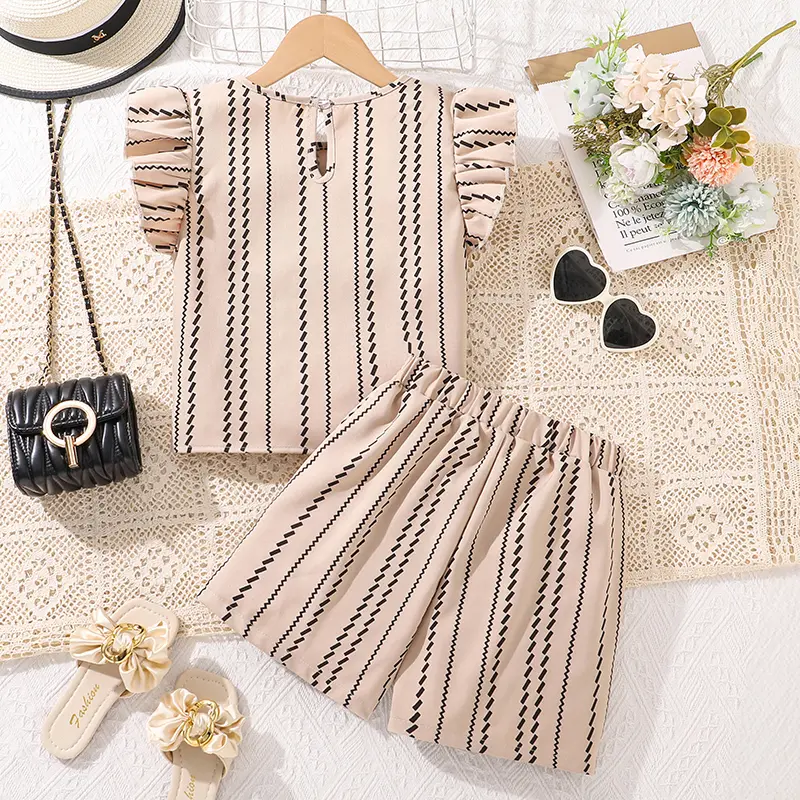 Children Outfit Striped Wing-Sleeve T-shirt & Elastic-Waist Shorts 2 pcs Korean Style Sets Casual Summer Girls Costume Kids Suit