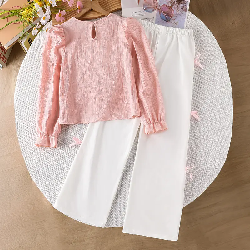 Autumn New Girls Set 2PCS Solid Color Pink Bow O-Neck Long Sleeve Top & White Elastic Waist Pants For Girls 8-12 Years Sweet Set