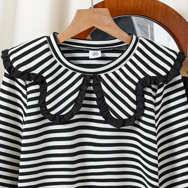 Korean Fashion Spring Autumn Clothes Sets For Kids Girls Black White Striped Ruffled Collar Long-sleeved Top With Black Trousers