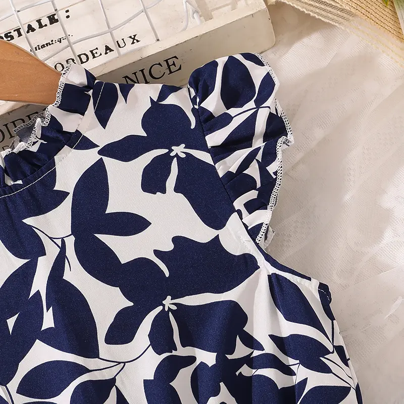 Girls Dress Navy Blue Printed Sleeveless Belted Vintage Style Dress Modest  Elegant Style Children Gown Church Vacation Casual
