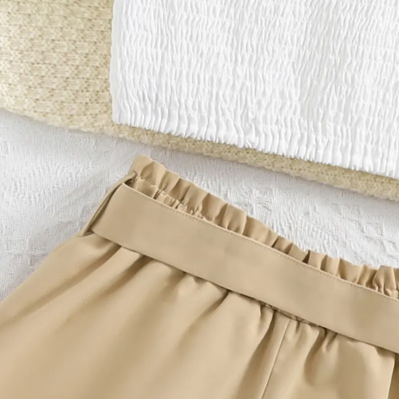 Summer New Two Piece Set White Short-Sleeved Square Collar Top + Brown Belt Shorts Elegant Casual Vacation Suits Preppy Style