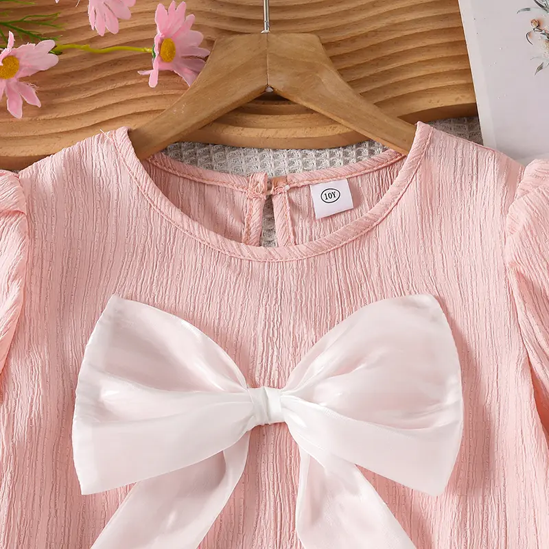 Autumn New Girls Set 2PCS Solid Color Pink Bow O-Neck Long Sleeve Top & White Elastic Waist Pants For Girls 8-12 Years Sweet Set