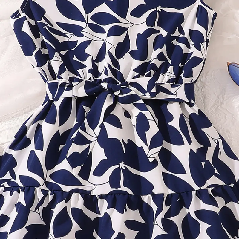 Girls Dress Navy Blue Printed Sleeveless Belted Vintage Style Dress Modest  Elegant Style Children Gown Church Vacation Casual