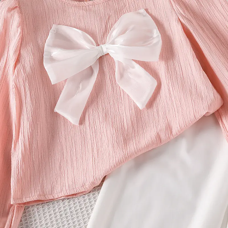 Autumn New Girls Set 2PCS Solid Color Pink Bow O-Neck Long Sleeve Top & White Elastic Waist Pants For Girls 8-12 Years Sweet Set