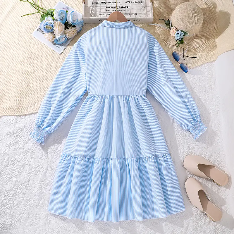 Korean Fashion Summer Dress For Teenager Pale Blue Lapel Dress Simple And Classic Style Causal Daily Clothes For 13-16 Ys Girls