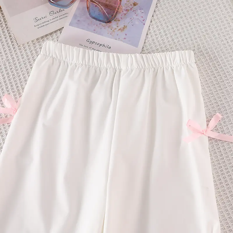 Autumn New Girls Set 2PCS Solid Color Pink Bow O-Neck Long Sleeve Top & White Elastic Waist Pants For Girls 8-12 Years Sweet Set