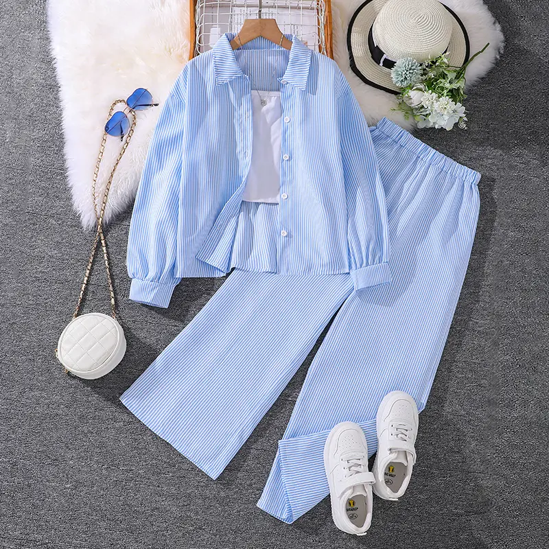 Kids Clothing Sets For Girls Baby Blue Striped Long-Sleeved Coat And Elastic Waist Plants Casual Style For 8-12 Years Children