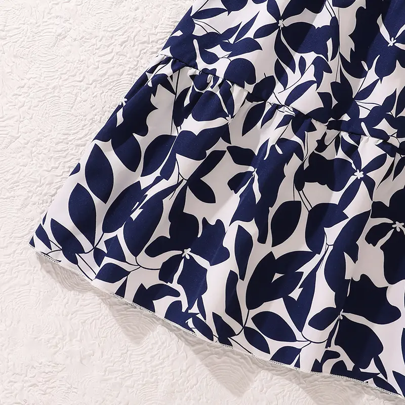 Girls Dress Navy Blue Printed Sleeveless Belted Vintage Style Dress Modest  Elegant Style Children Gown Church Vacation Casual