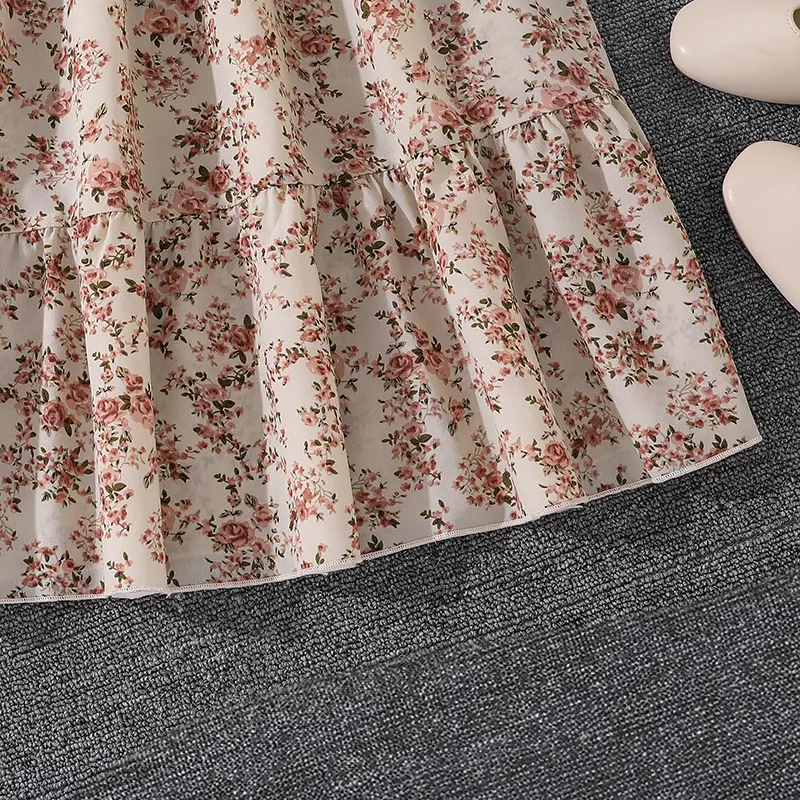 Summer 2PCS Clothes Princess Set Solid Pink Long Sleeve Coat & Sling Print A-Line Dress For Girls 4-7 Years Daily Sweet Style