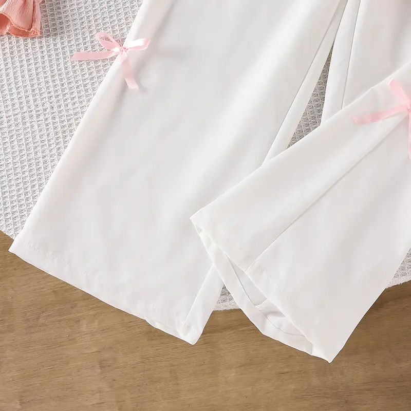 Autumn New Girls Set 2PCS Solid Color Pink Bow O-Neck Long Sleeve Top & White Elastic Waist Pants For Girls 8-12 Years Sweet Set