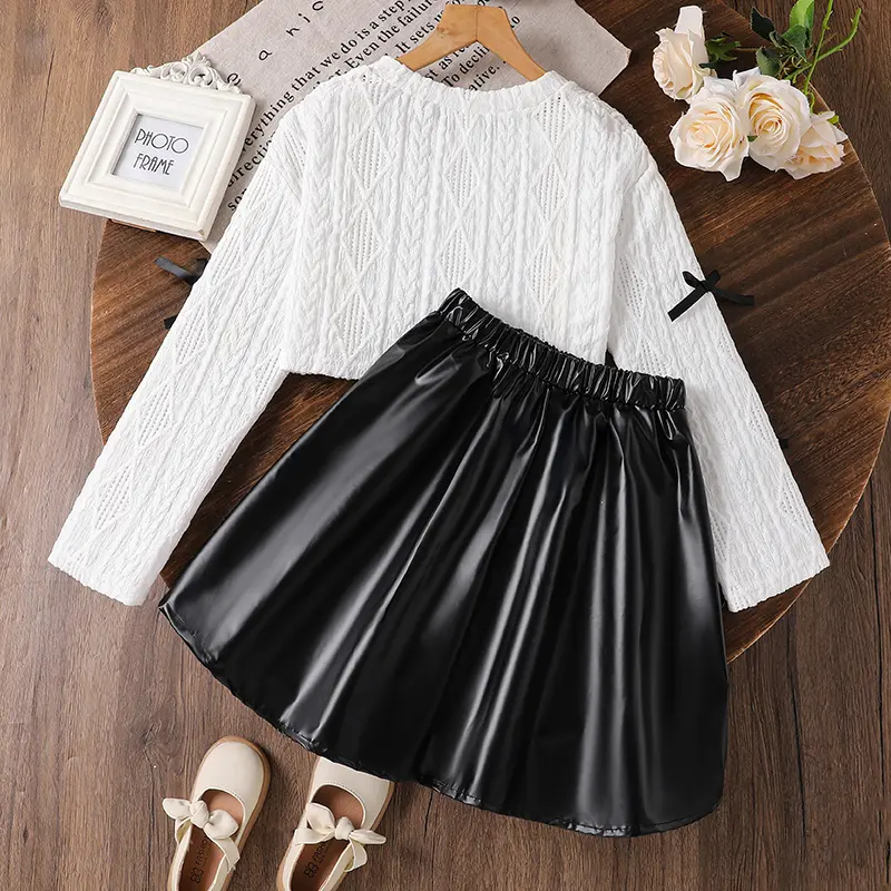 Kids Clothing Autumn New Girls Mini Skirt Suit White O-Neck Bow Long Sleeve Top & Black Skirt For Girls 4-7 Years Korean Style