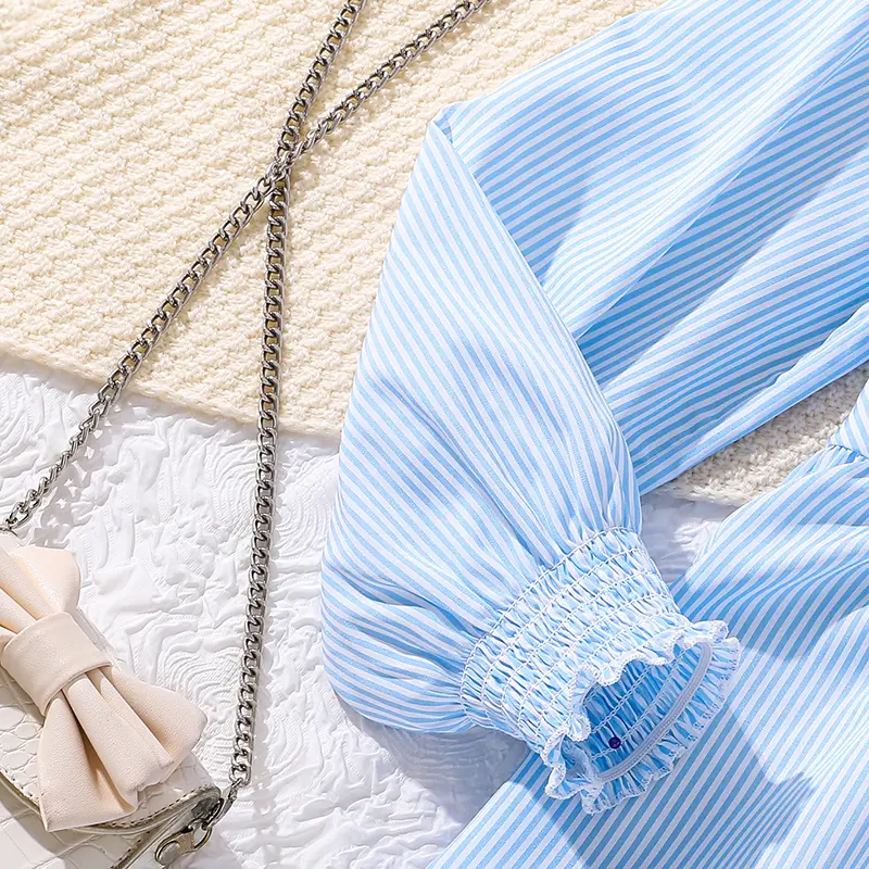 Korean Fashion Summer Dress For Teenager Pale Blue Lapel Dress Simple And Classic Style Causal Daily Clothes For 13-16 Ys Girls