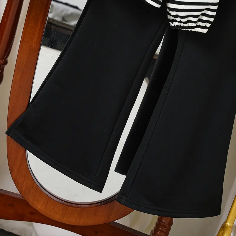 Korean Fashion Spring Autumn Clothes Sets For Kids Girls Black White Striped Ruffled Collar Long-sleeved Top With Black Trousers