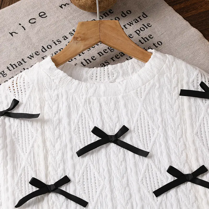 Kids Clothing Autumn New Girls Mini Skirt Suit White O-Neck Bow Long Sleeve Top & Black Skirt For Girls 4-7 Years Korean Style