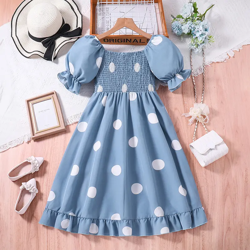 New Summer Blue Dot Short Sleeve Long Princess Girl Dress Cute Vacation Party Daily Casual Fashion For 8-12Ys Kids Outfit