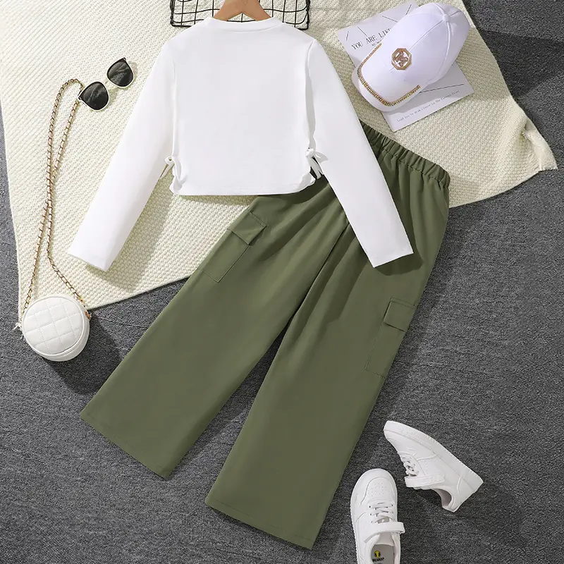 Korean Fashion Spring And Autumn Outfits For Kids Girls White Printed Long-Sleeved Top And Army Green Trousers Athleisure Style