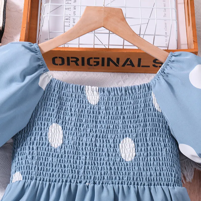 New Summer Blue Dot Short Sleeve Long Princess Girl Dress Cute Vacation Party Daily Casual Fashion For 8-12Ys Kids Outfit