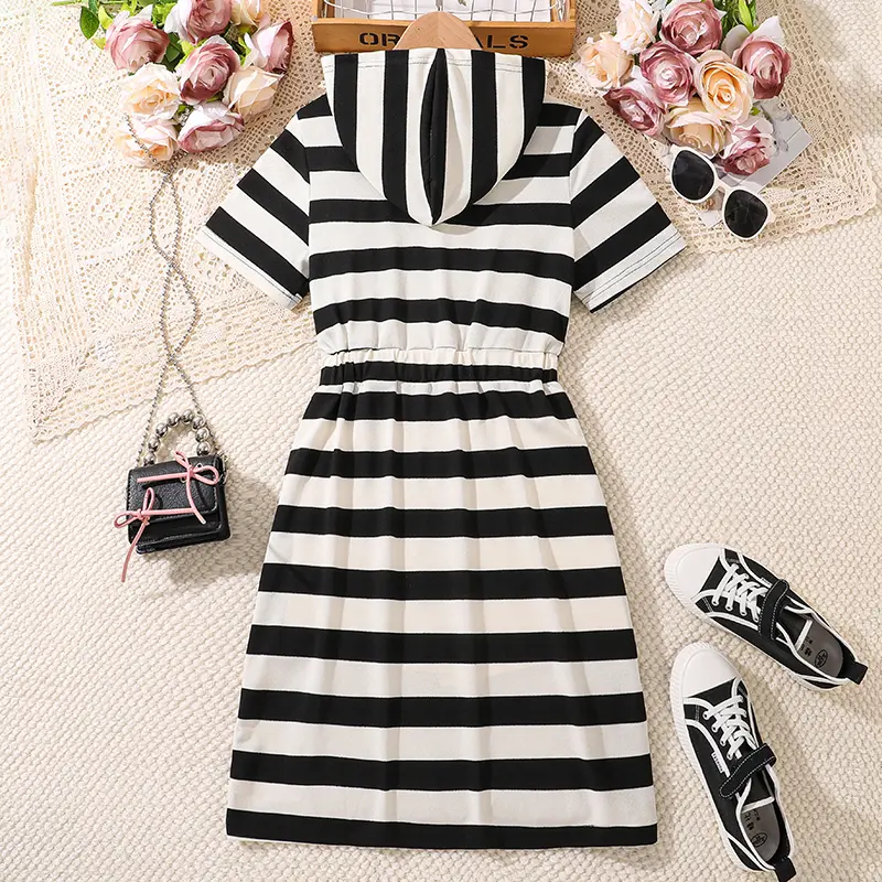 Girls Striped Hooded Short Sleeve Straight Dress Simple Style Children Dress Summer Daily Simple Kids Costume Children Clothes