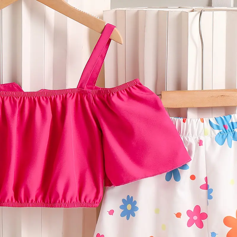 Kids Clothing Sets For Girls Hot Pink Off-The-Shoulder T-shirt & Floral Shorts 2 PCS Children Outfit Summer Sweet Style Sets
