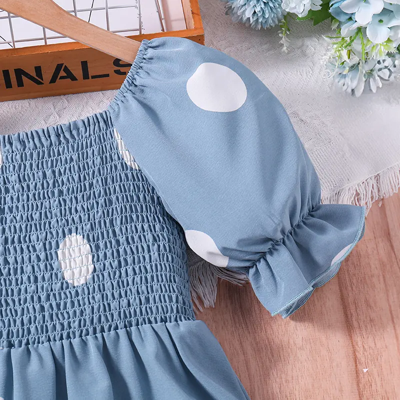 New Summer Blue Dot Short Sleeve Long Princess Girl Dress Cute Vacation Party Daily Casual Fashion For 8-12Ys Kids Outfit