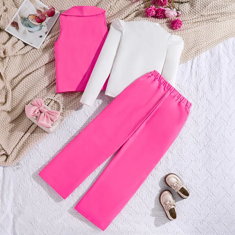 Kids Clothing 3PCS Solid Color White O-Neck Long Sleeve Top & Solid Color Turn-Down Collar Rose Vest & Elastic Waist Pants