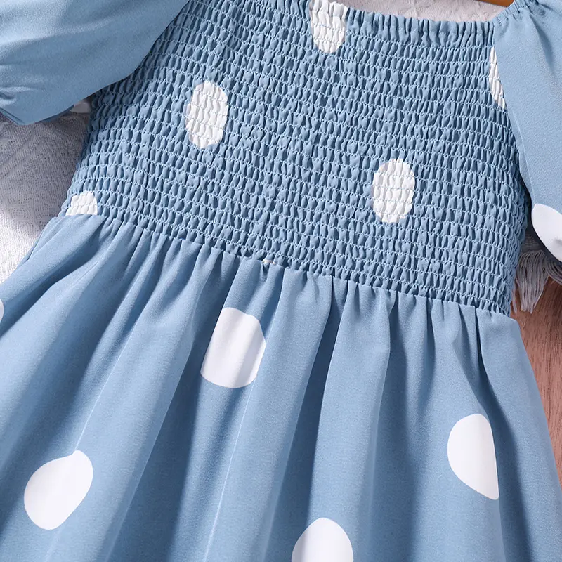 New Summer Blue Dot Short Sleeve Long Princess Girl Dress Cute Vacation Party Daily Casual Fashion For 8-12Ys Kids Outfit