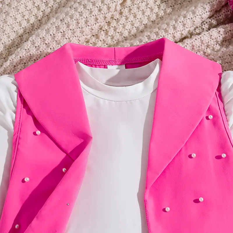 Kids Clothing 3PCS Solid Color White O-Neck Long Sleeve Top & Solid Color Turn-Down Collar Rose Vest & Elastic Waist Pants