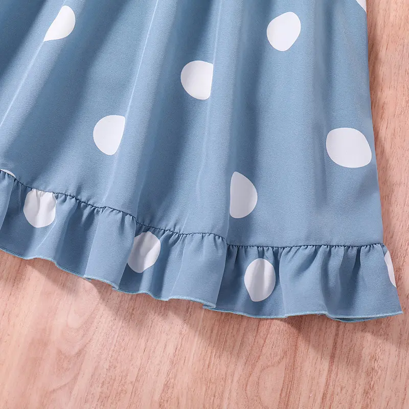 New Summer Blue Dot Short Sleeve Long Princess Girl Dress Cute Vacation Party Daily Casual Fashion For 8-12Ys Kids Outfit