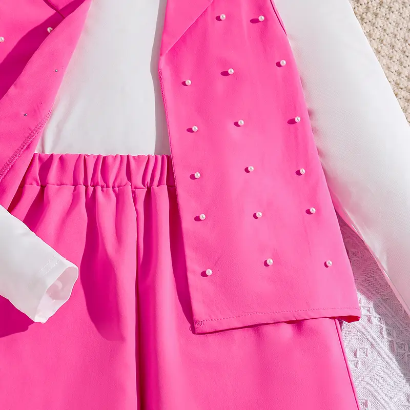 Kids Clothing 3PCS Solid Color White O-Neck Long Sleeve Top & Solid Color Turn-Down Collar Rose Vest & Elastic Waist Pants