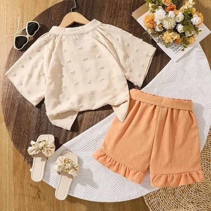 Kids Sets For Girls Dots V-neck Short Sleeve T-shirt & Belted Orange Color Shorts 2 Pcs Sets Cozy Kids Costume