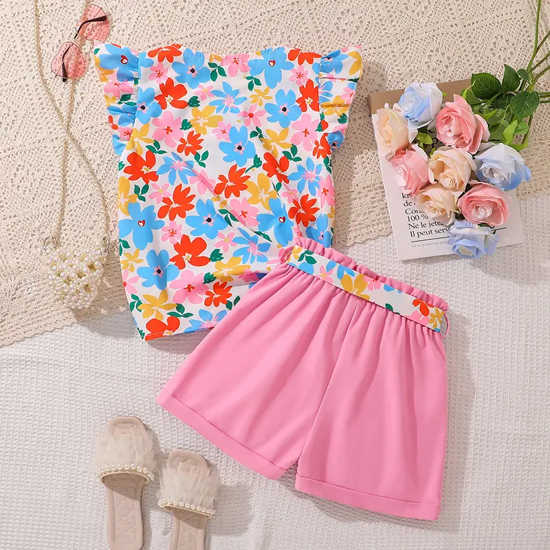 Girls Outfit Summer Flowers Square Collat Top & Pink Shorts Children Clothes Sets Kids Costume Sweet Style Children Costume