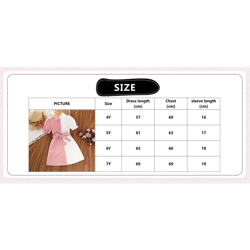 Shirt Dress for 4-7 Years Kids Pink and White Patchwork Short Sleeve Button-Down Dress Baby Girls Leisure Style Summer Clothes